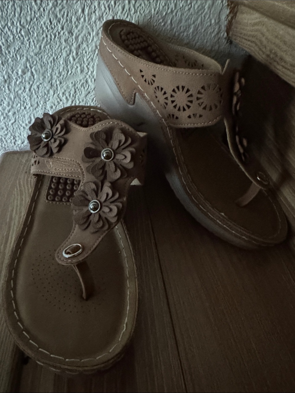 More Pictures Coming Soon- Brown Floral Thong Wedge Sandals